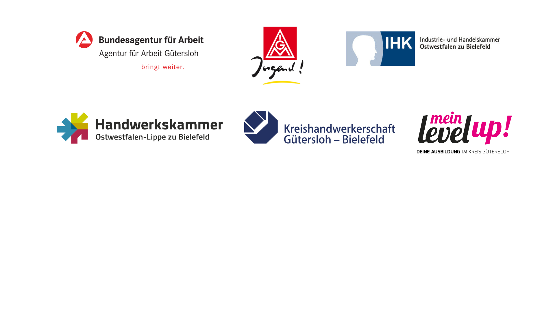 Kooperationspartner AAK 2025 Kooperationspartner Logos (IHK, HWK, IG Metall, Bundesagentur für Arbeit, Kreshandwerkerschaft, meinLevelup))