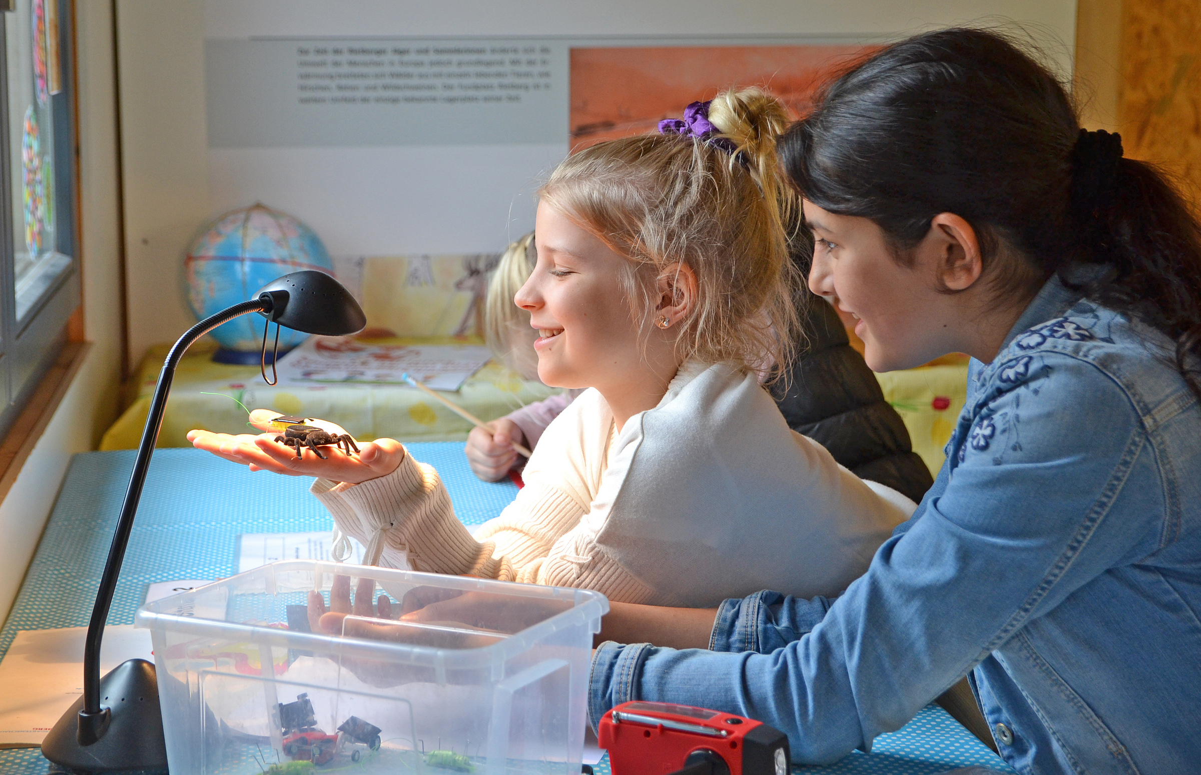 3 Mädchen experimentieren mit einer Lampe