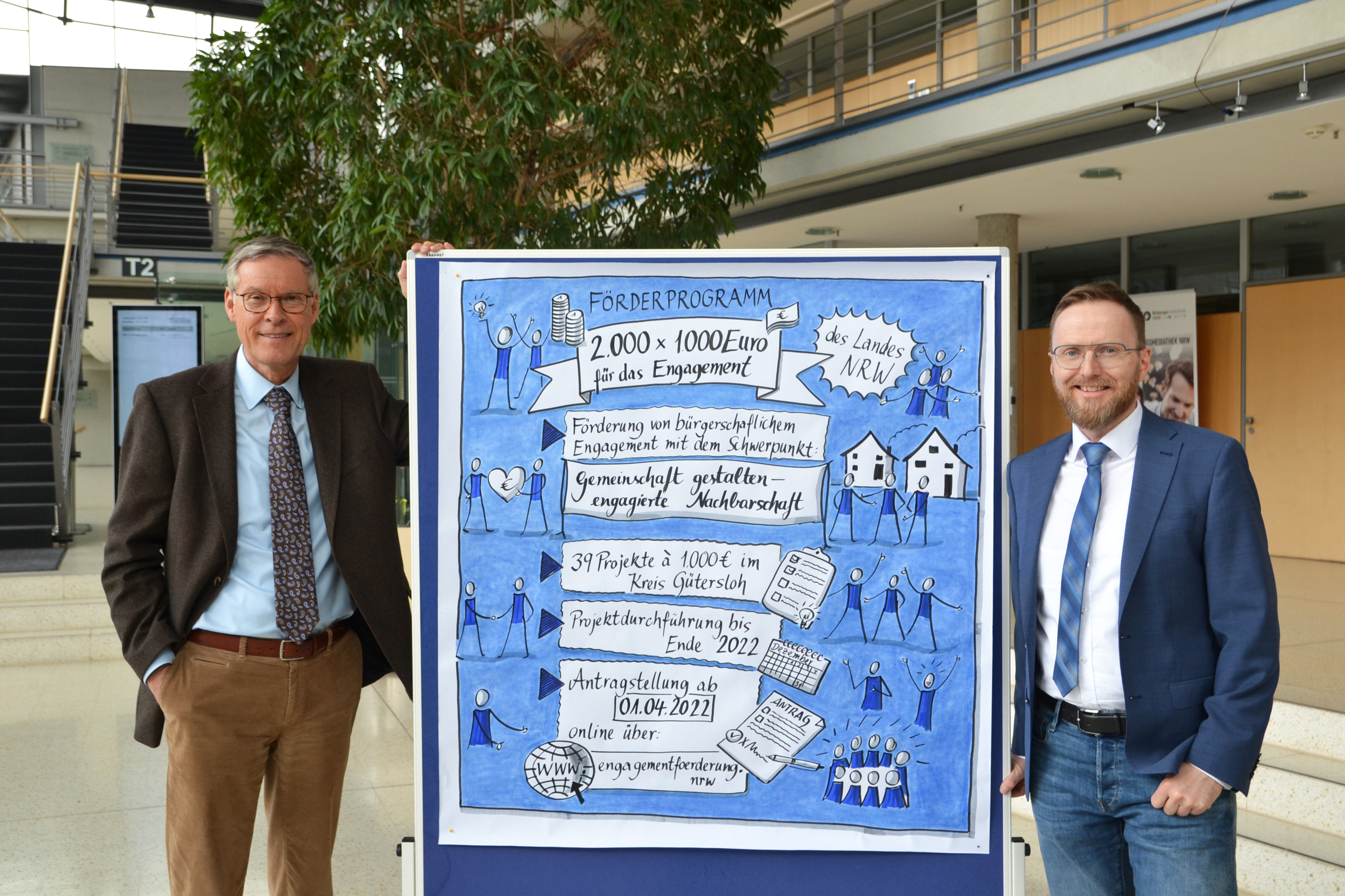 Freuen sich über die Förderung für engagierte Nachbarschaft: Landrat Sven-Georg Adenauer und Boris Voß (pro Wirtschaft GT).
